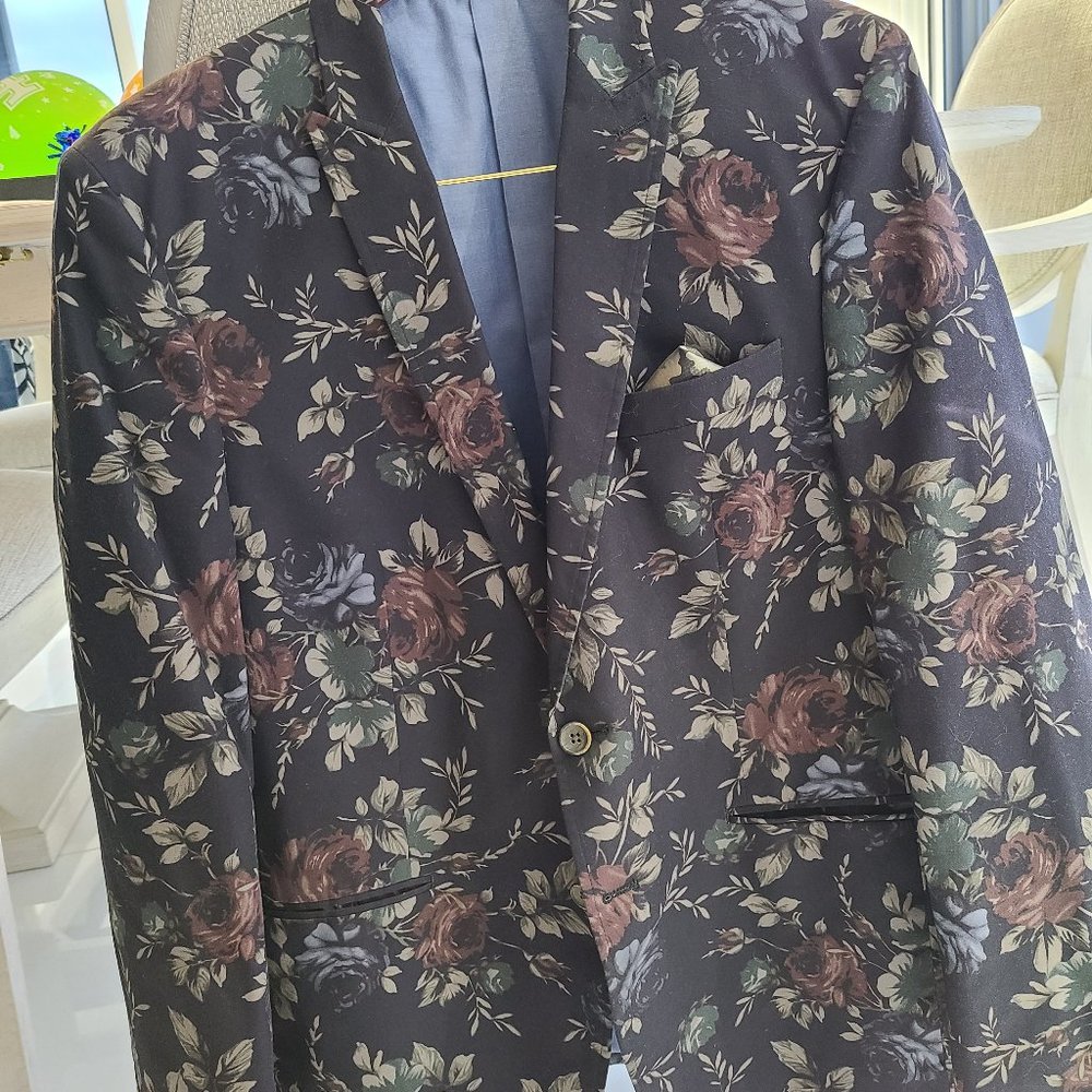 Macy's Tallia Elegant 100%cotton Floral gray black Sport Mens Jacket blazer 42R